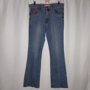 Apollo Flared Jeans Jr 17/18 Pink Topstitch Blue Denim Slit Hem Y2K Grunge Bratz